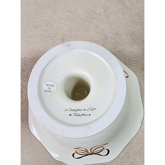 Teleflora Candy Dish Pedestal Bowl 5" Ivory Gold Trim Compote Dish 80s Korea - Picture 13 of 13